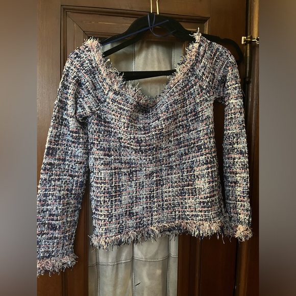 Zara Tweed Frayed Off-Shoulder Sweater Top size L - Picture 5 of 7